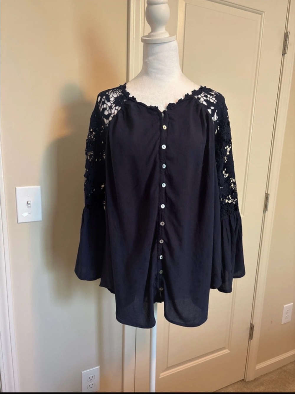 Midnight Velvet Navy Crochet-Sleeve Button Front Blouse